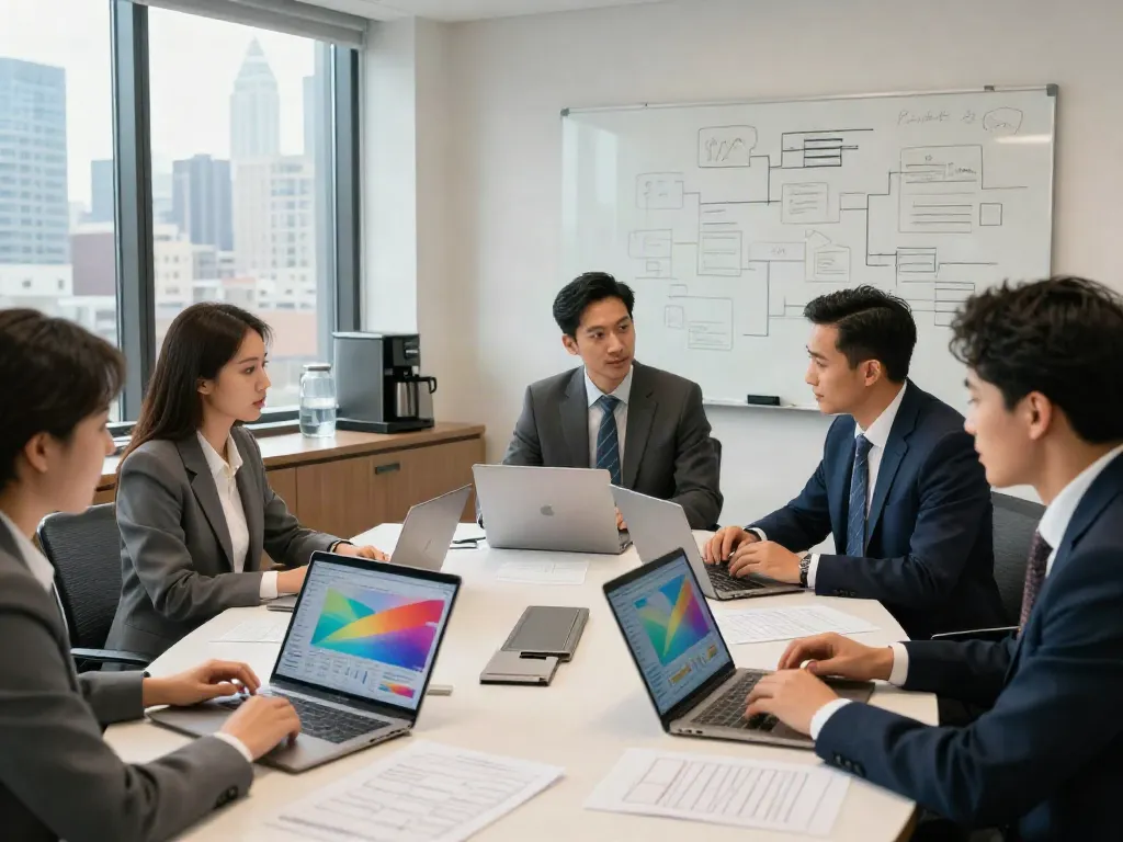 Team of experts from a restructuring advisory firm chicagoland collaborating in a modern office.