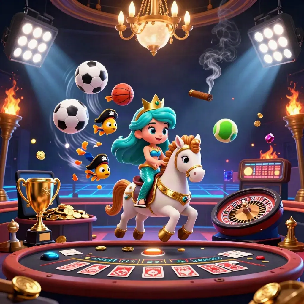 Mermaid princess on seahorse amid casino luxury, sports balls, coins, and neon glow