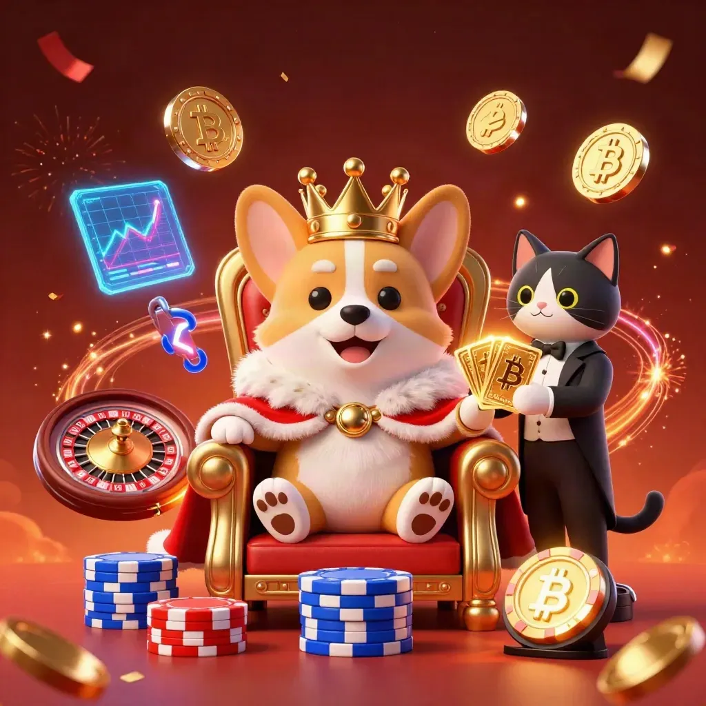 Royal corgi king and cat butler amid neon casino tech, spinning wheel, coins, and fiery luxury glow.