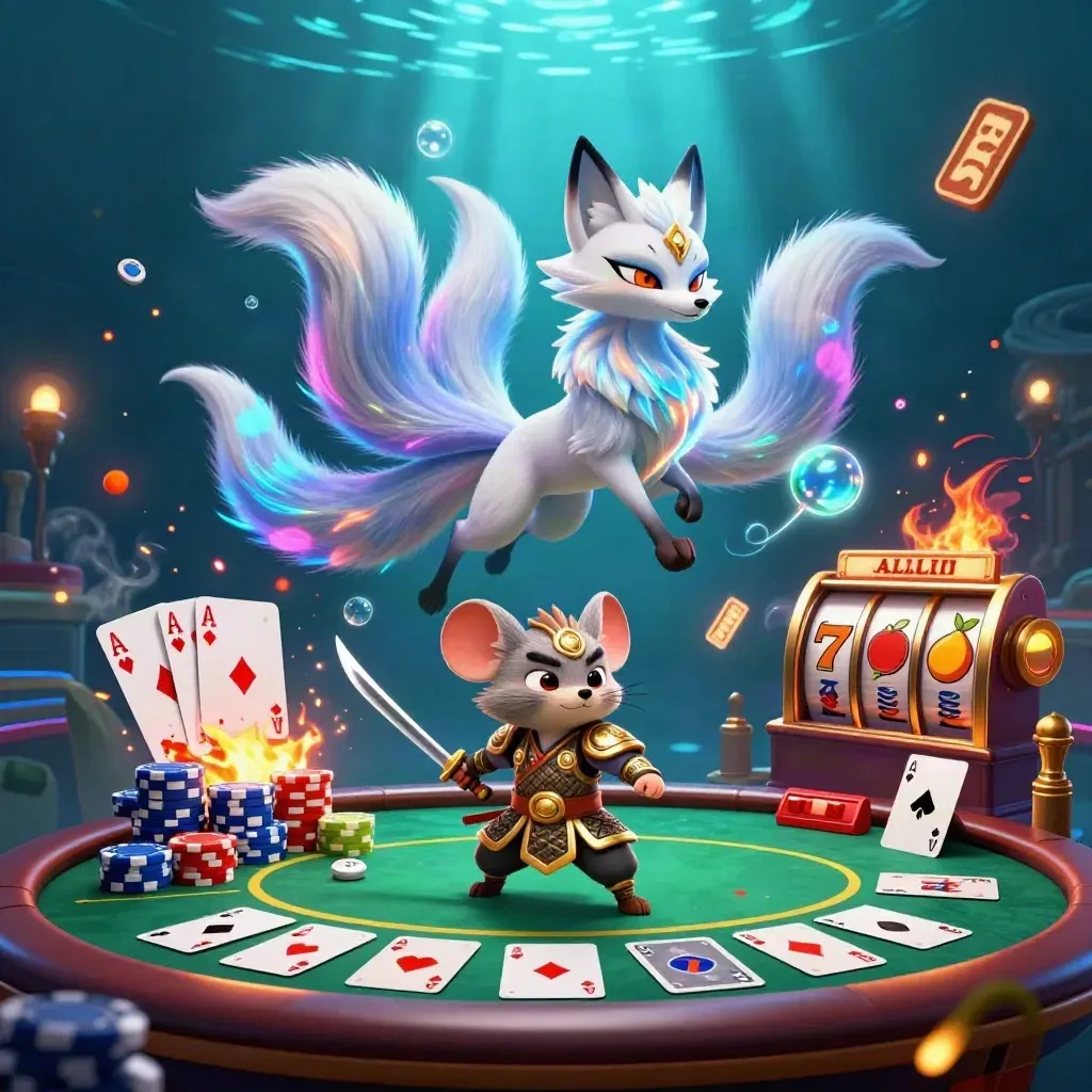Nine-tailed fox spirit and samurai mouse amid exploding casino props in neon blue light.