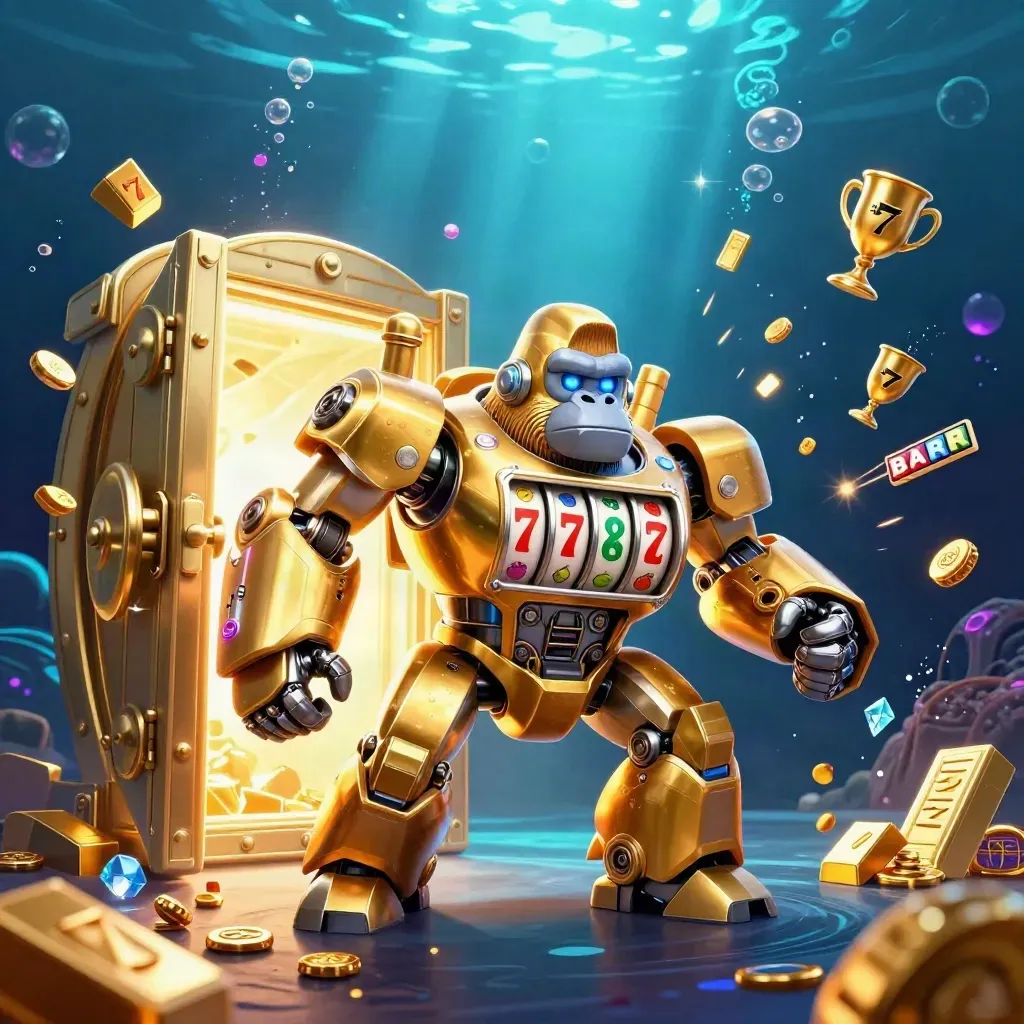 Golden gorilla slot-mech with tiny monkey pilot bursts from an underwater treasure vault amid gems and blue light