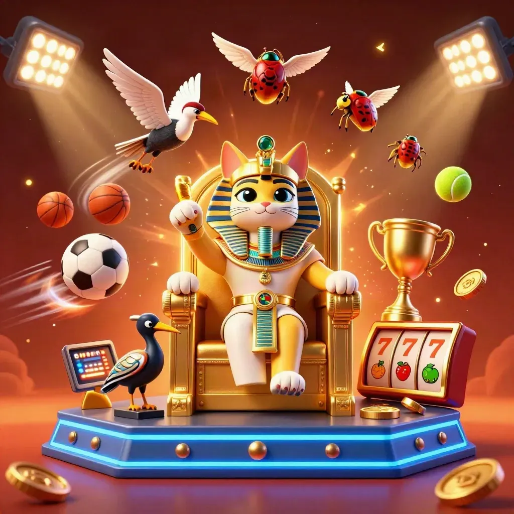 Pharaoh cat, ibis scribe, and gem-wing scarabs amid glowing balls, coins, and electric blue casino light