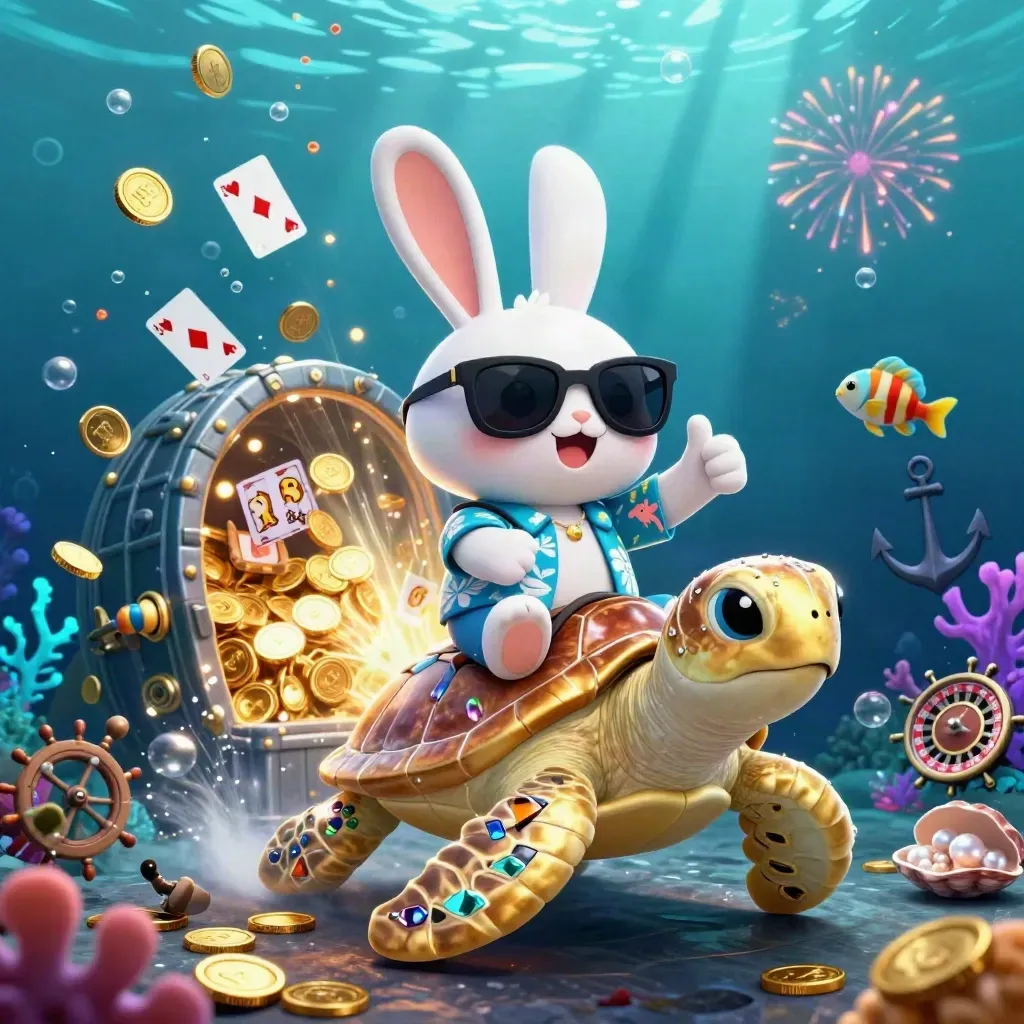 Lucky rabbit rides a golden sea turtle amid treasure, coins, bubbles, and neon underwater glow.