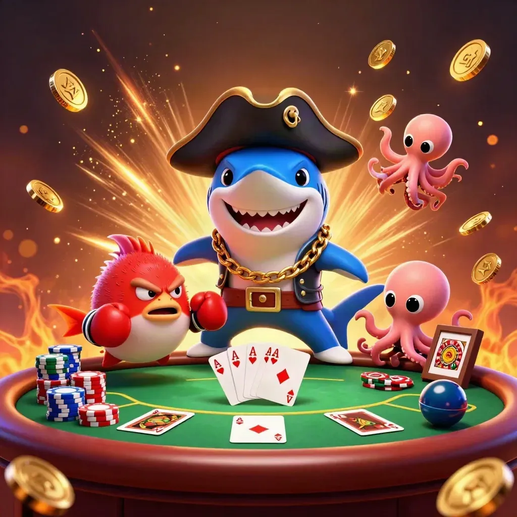Pirate shark, boxing pufferfish, and juggling octopus amid exploding gold coins and casino props