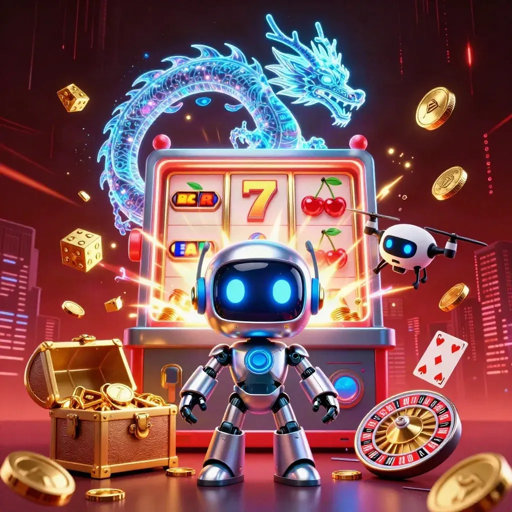 Cyberpunk robot, hologram dragon, and drone amid exploding slot coins and treasure